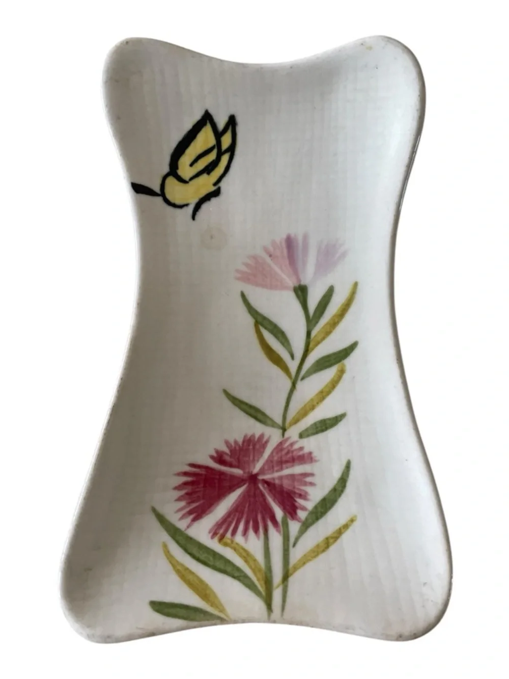 Red Wing Pottery Vintage Collectible Spoon Rest Pink Floral Yellow Butterfly